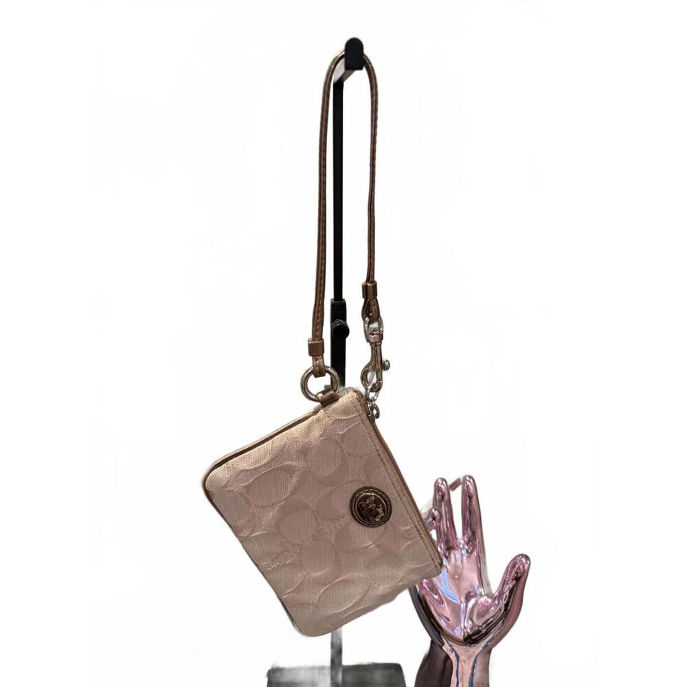 Coach Signature Beige Wristlet Pouch with Logo Charm
